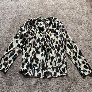 SHEIN Leopard Print Tie Neck Long Sleeve Blouse Beige Black SIZE M